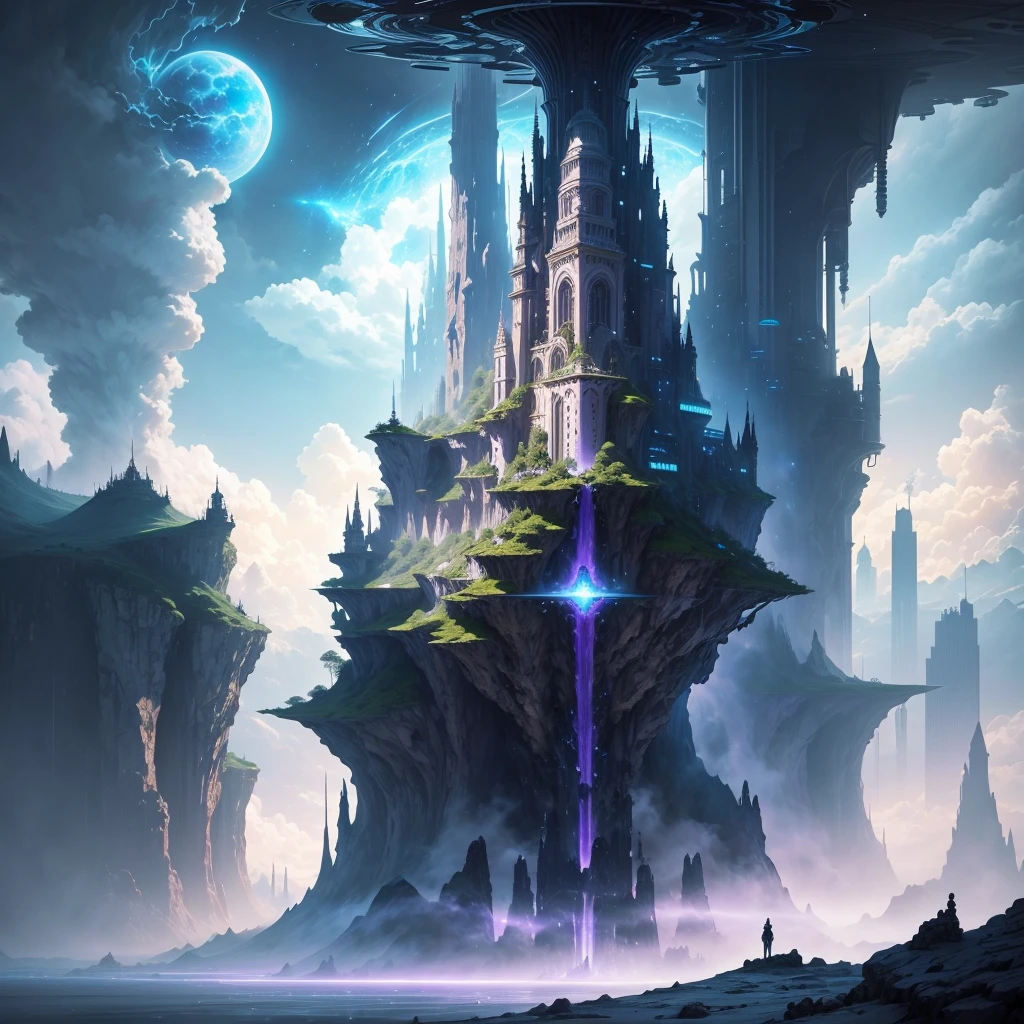 A huge fantastical sci-fi city, aether city, Fantasy,Another World Adventure,Great Heaven,floating aerial metropolis,Skyscrapers、universe,new world,new dimension,Huge construction,Super huge waterfall,mysterious,Fantasy, towering skyscrapers, massive waterfall, celestial planets in the sky, surrounded by clouds, cosmic architecture, violet energy scars around, central massive castle, astral sky
