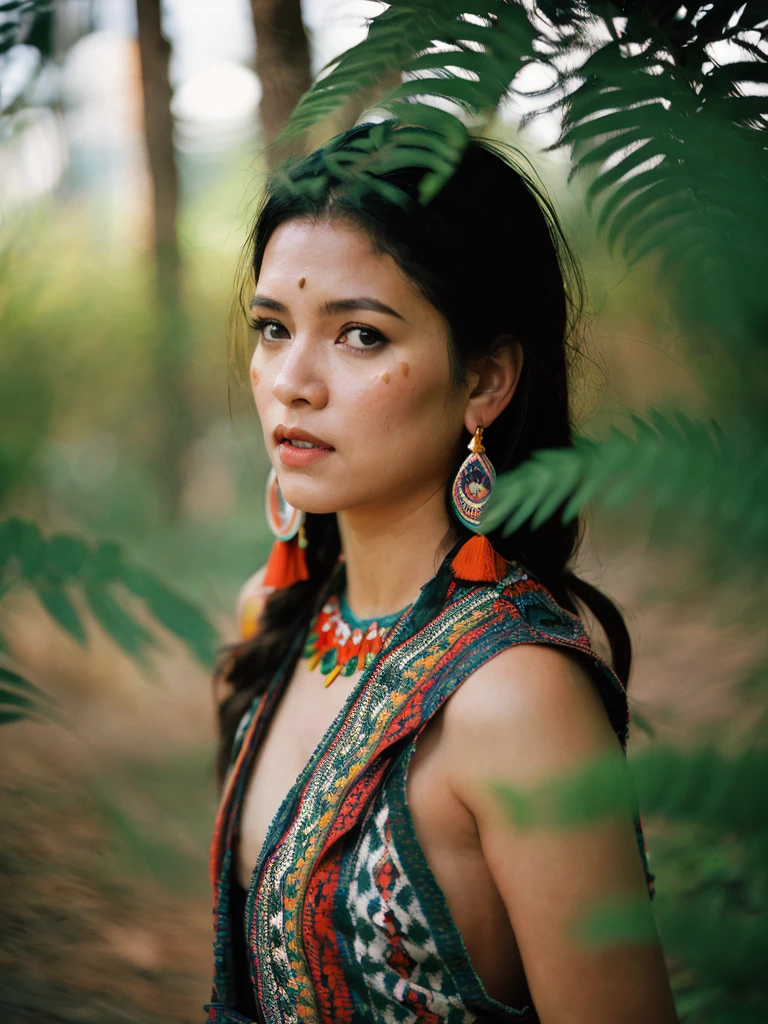 From above, medium shot, Best detailed quality, 1 pretty mayan women, wearing apache tribe dress, beautiful afternoon, bohemian decoration, beautiful shadow, dramatic posing in fern plant, kodacrhome, cinematic lighting, masterpiece composition, realistic face and eyes, realistic skin, ultra highly detailed, sharp focus, beautiful film bokeh, surreal view, dramtic film looks, hunting candid photo, shot by zenit with 35mm wide lens, midjourney v6 realism, in 2024