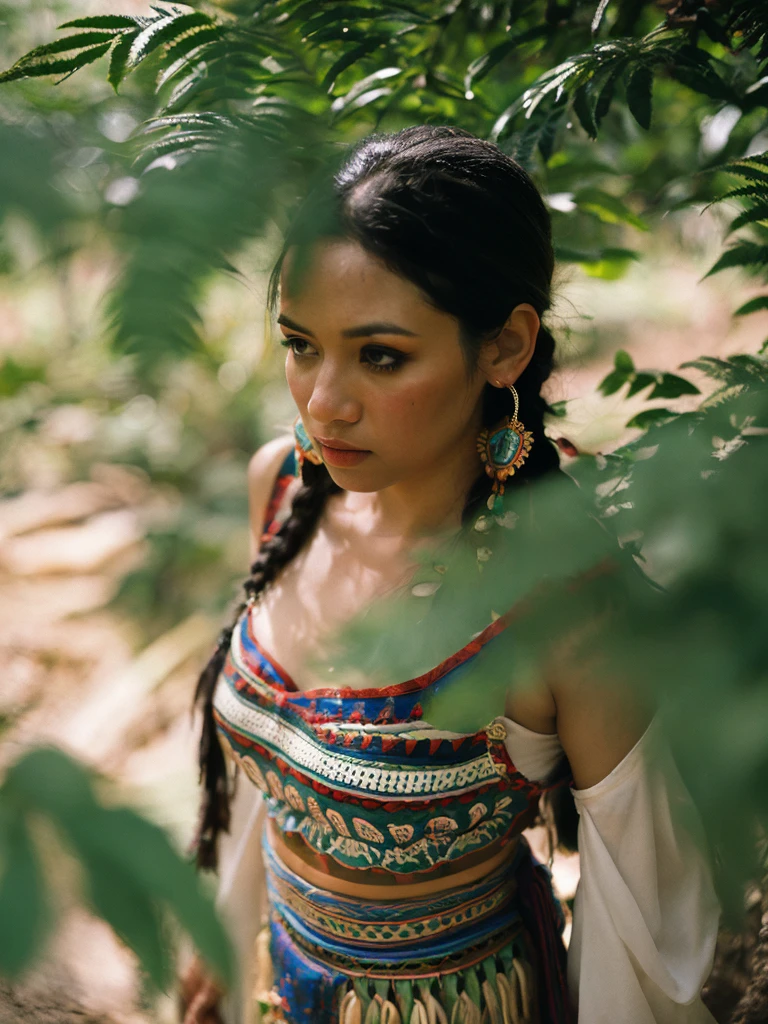 From above, medium shot, Best detailed quality, 1 pretty mayan women, wearing apache tribe dress, beautiful afternoon, bohemian decoration, beautiful shadow, dramatic posing in fern plant, kodacrhome, cinematic lighting, masterpiece composition, realistic face and eyes, realistic skin, ultra highly detailed, sharp focus, beautiful film bokeh, surreal view, dramtic film looks, hunting candid photo, shot by zenit with 35mm wide lens, midjourney v6 realism, in 2024