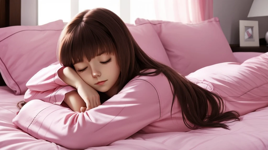 Sleeping girl, 22 years old, Realistic, Lie down in bed,Wear pink pajamas,Brown hair.