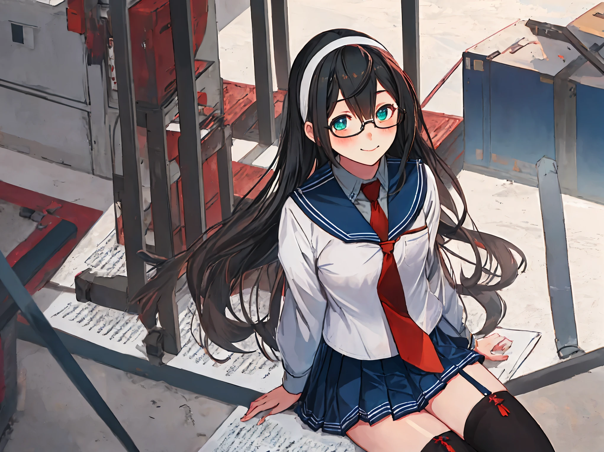 best quality, masterpiece, highres, solo, {ooyodo_kantaicollection:1.15}, black_hair, long_hair, glasses, hairband, semi-rimless_eyewear, under-rim_eyewear, blue_eyes, green_eyes, blush,small_breasts, 1girl, school_uniform, serafuku, pleats_skirt, looking_at_viewer, necktie, harbor_town_landscape_background, red_necktie,light_smile,thigh-highs,sitting,half_eyes,solo