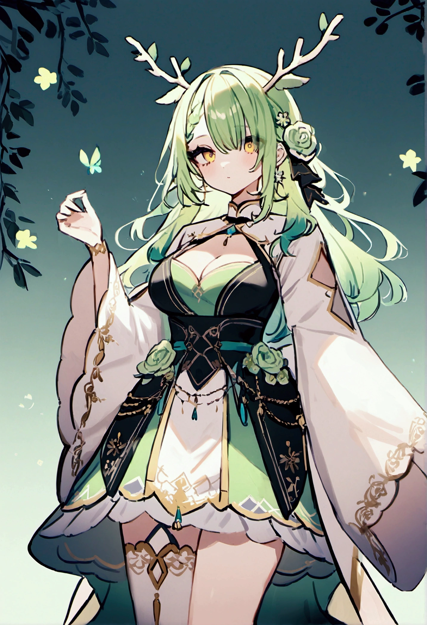 hmcf, long hair, antlers, branch, braided bangs, hair flower, yellow eyes, jewelry, dress, cleavage, wide sleeves, green flower, single thighhigh, white thighhighs, (character:1.2), virtual youtuber, best quality, HD,