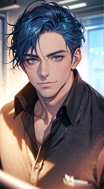 (best quality,4k,8k,highres,masterpiece:1.2),ultra-detailed,(realistic,photorealistic,photo-realistic:1.37),1 man,31 years old,mature man,very handsome,without expression,smile,short blue hair,blue eyes,penetrating gaze,perfect face without errors,imposing posture,businessman,office background,cinematic lighting,hdr image