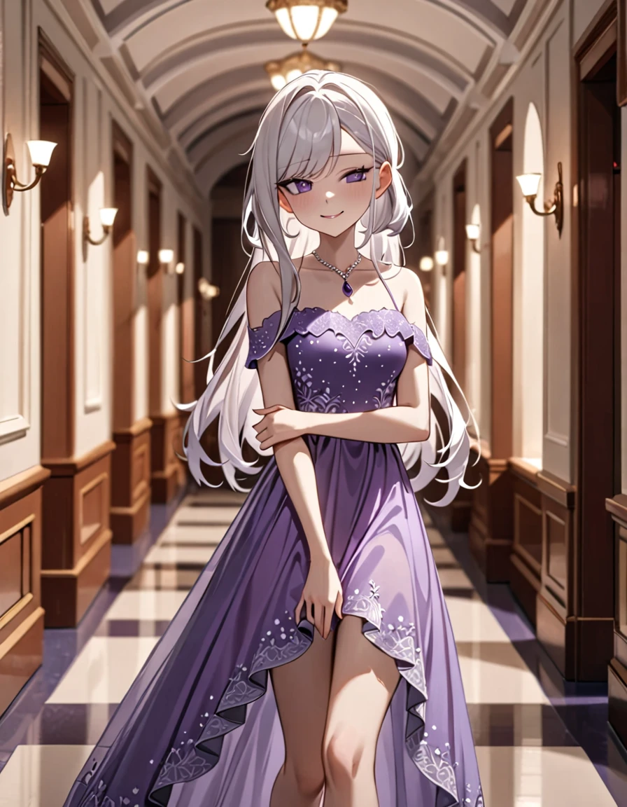 1 girl, short, slim, cute, purple eyes, very long hair, white hair, hair reaching ankles, sleep light purple dress, hallway, blurry background, smirking, crossing arms, 8k, masterpiece, dim lighting, best quality, very aesthetic, absurdres, newest, intricate details, intricate, (SuperQuality:1.0) ~ (SuperQuality:1.2)