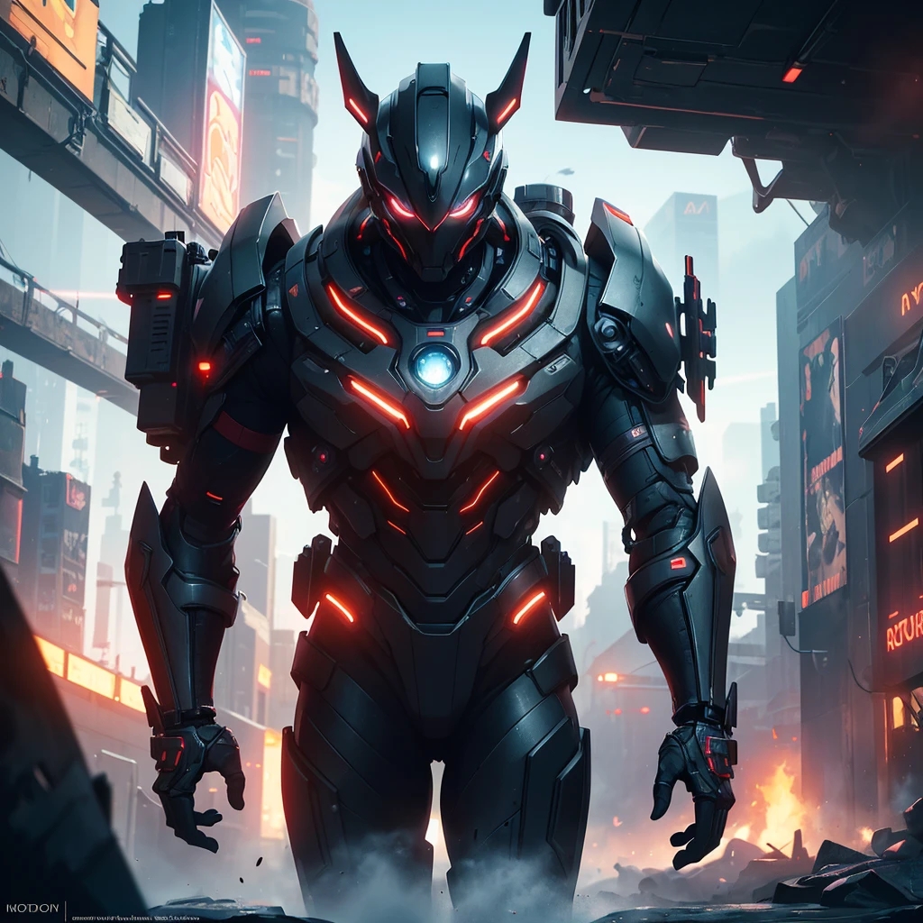 a futuristic cowboy hat wearing character, a mechanical right arm, red eyes, in a futuristic setting, dark grey hair, cinematic lighting, dramatic atmosphere, (best quality,4k,8k,highres,masterpiece:1.2),ultra-detailed,(realistic,photorealistic,photo-realistic:1.37),highly detailed face and features,extremely detailed eyes and face,longeyelashes,intricate details,hyper realistic,volumetric lighting,cinematic composition,moody lighting,dramatic shadows,vibrant colors,neon lights,futuristic cityscape,advanced technology,steam punk,science fiction,digital art