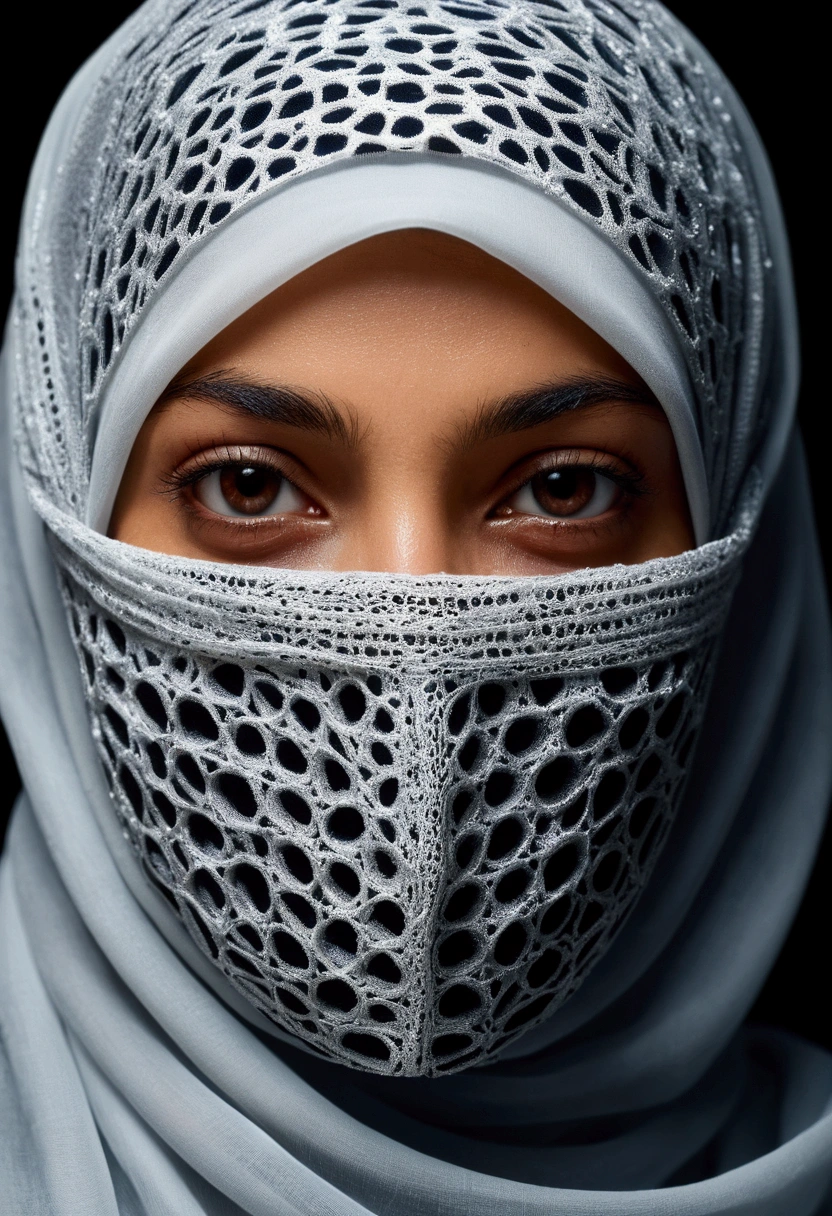 Subject: "Hidden Complexities Beneath the Veil" Style: Photorealism, 8k, DOF Description: Visualize a stunning woman in a red hijab and the scarf covering her nose, but beneath the surface, reveal intricate trypophobia patterns that are only noticeable upon closer inspection. Achieve a balance between beauty and unsettling complexity.