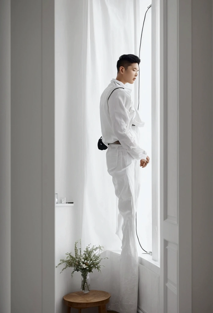 In the white room,房间中悬浮着许多着Different sizes的珍珠,Different sizes,Highs and lows,Staggered front and back,The perspective is correct,A young man stands in the middle of the room,Head-up view