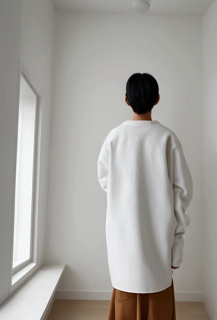 In the white room,房间中悬浮着许多着Different sizes的珍珠,Different sizes,Highs and lows,Staggered front and back,The perspective is correct,A young man stands in the middle of the room,Head-up view