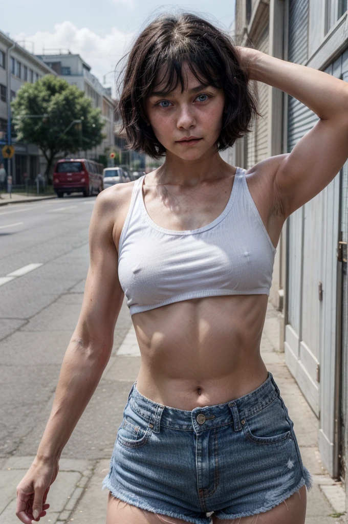 1girl, -yeld, sh black hair, blue eyes, wearing plain white shirt, denim shorts, city, absurdres, high res, ultrasharp, 8K, masterpiece, looking at viewer, white crop top, strong arms, muscular thighs, ripped muscles, six pack abs, muscle arms, muscular, flat chest