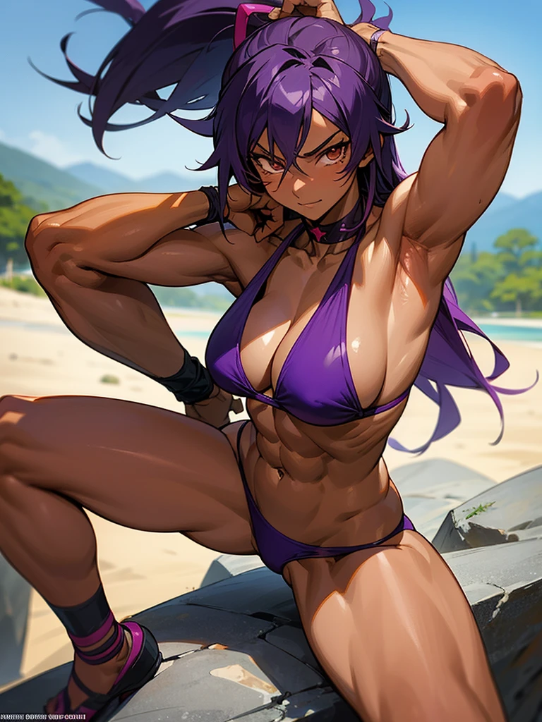 18 year old Yoruichi Shihōin from Bleach with very tanned skin in a purple thong bikini flexing her muscles with her hands behind her head so they are not visible to pridefully show off her rock hard abs and sitting on on a mountain ledge, highly detailed 