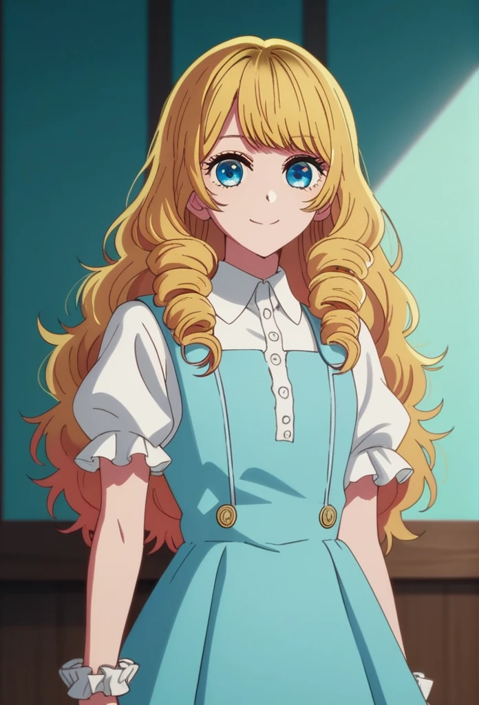 oshi_no_ko_style,blonde curls,sidecurls,fluffy fringe bangs,blue eyes,long eyelashes,cowboyshot,standing,,soft smile,long hair,masterpiece,highres,absurdres,white puffy short sleeves,collared dress,suspender dress,solo,frilled cuffs,frilled blouse,,,(light blue pinafore dress),frilled wristgloves,frilled sweatheart neckline,
