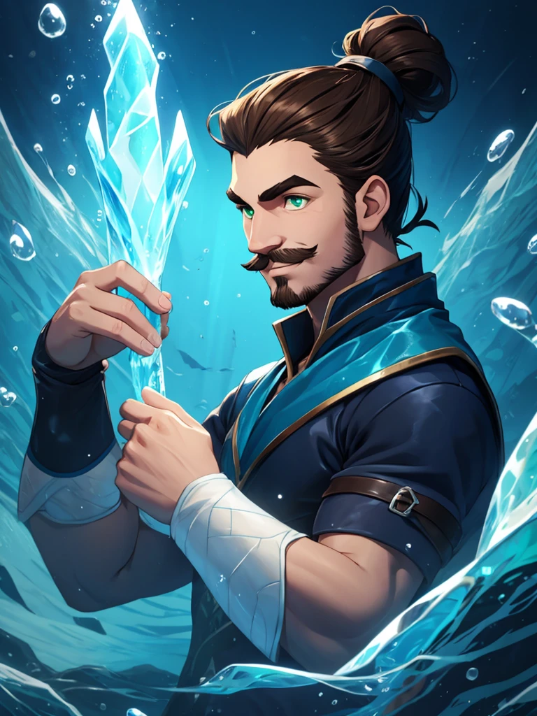 Dark blues colors. In the deep sea frozen waters, a boy is underwater. It is very dark, there is almost no light. He has brown hair held in a manbun, a short mustache and goatee, and green eyes. He has a very hooked nose and kind eyebrows. His face is gentle with angular bone structure and he's smiling gently. He looks relaxed. he wears fur and leather clothe. He wields water and ice magic around him.
