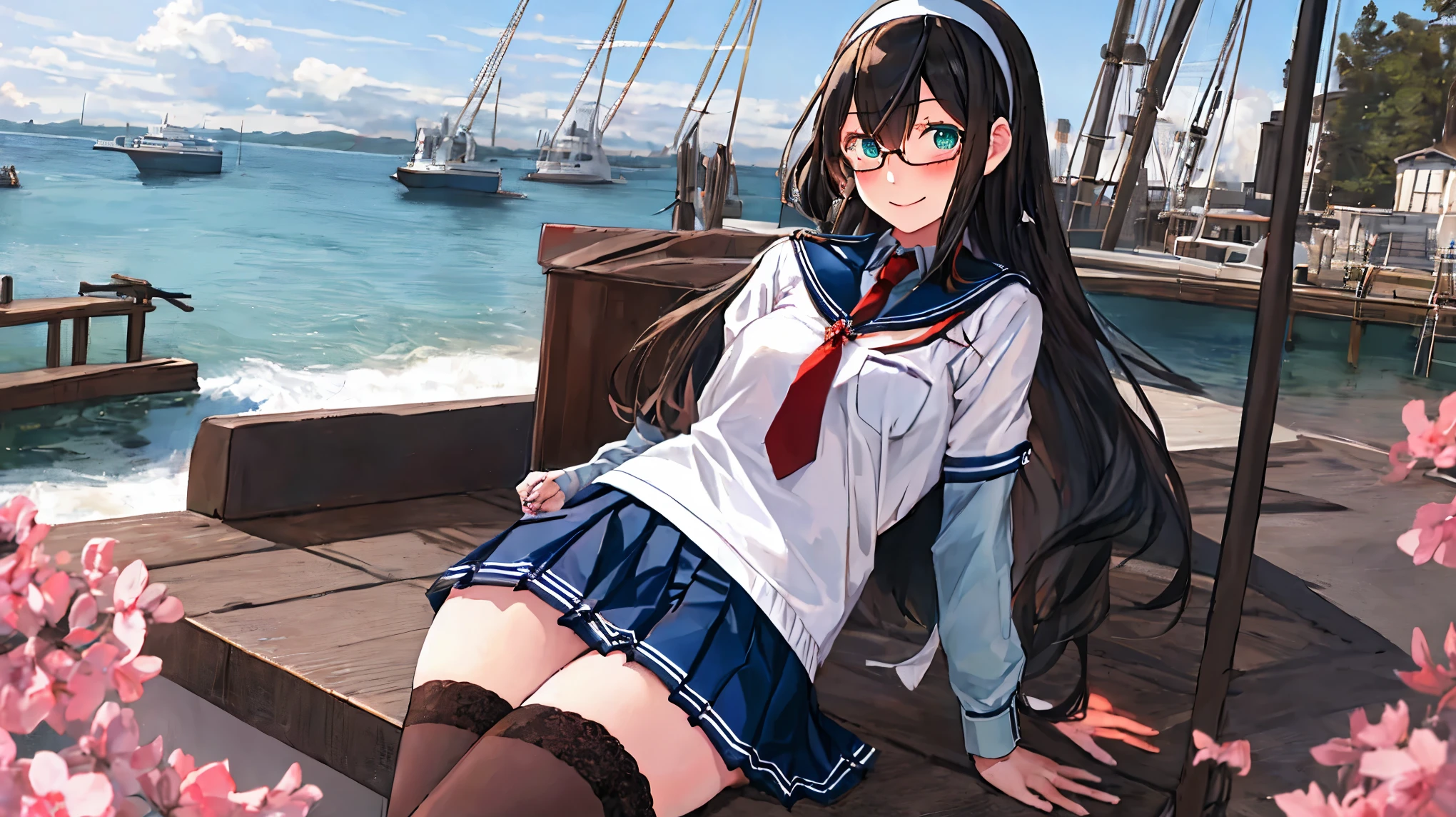 best quality, masterpiece, highres, solo, {ooyodo_kantaicollection:1.15}, black_hair, long_hair, glasses, hairband, semi-rimless_eyewear, under-rim_eyewear, blue_eyes, green_eyes, blush,small_breasts, 1girl, school_uniform, serafuku, pleats_skirt, looking_at_viewer, necktie, harbor_town_landscape_background, red_necktie,light_smile,thigh-highs,sitting,half_eyes,solo