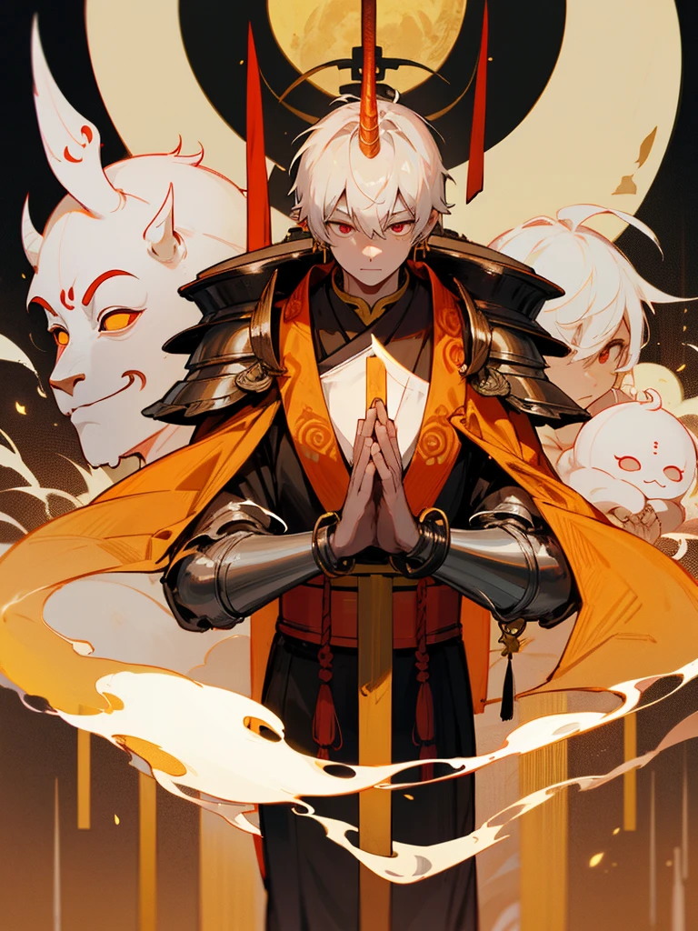 Buddha,Burning Eyes, horn, white short hair, black armor, torii, man, full moon, hands together in prayer, Zen meditation golden lion cross Japanese sword cyborg ghost