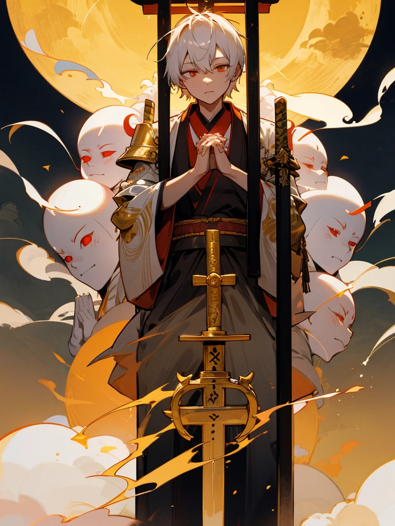 Buddha,Burning Eyes, horn, white short hair, black armor, torii, man, full moon, hands together in prayer, Zen meditation golden lion cross Japanese sword cyborg ghost