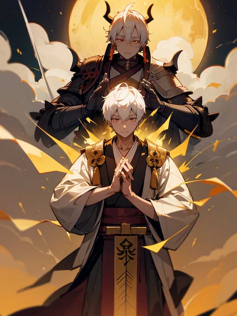 Buddha,Burning Eyes, horn, white short hair, black armor, torii, man, full moon, hands together in prayer, Zen meditation golden lion cross Japanese sword cyborg ghost