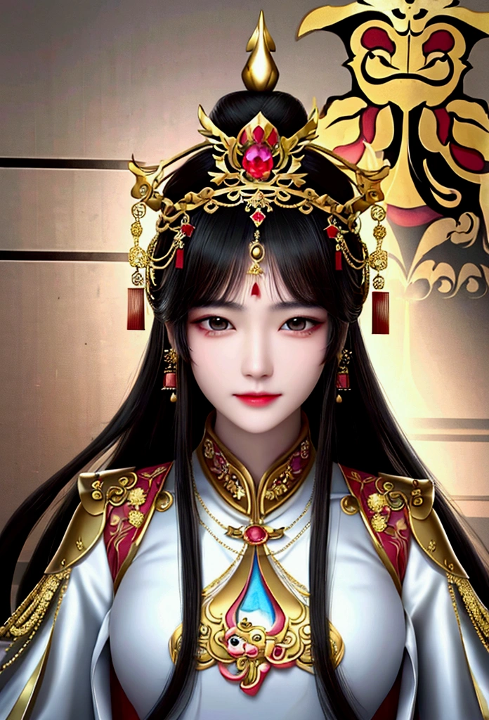 queen of china,wear gold dress,Gold Jewelry,wearing a Chinese emperor hat,An aggressive expression on his face.,Age 40