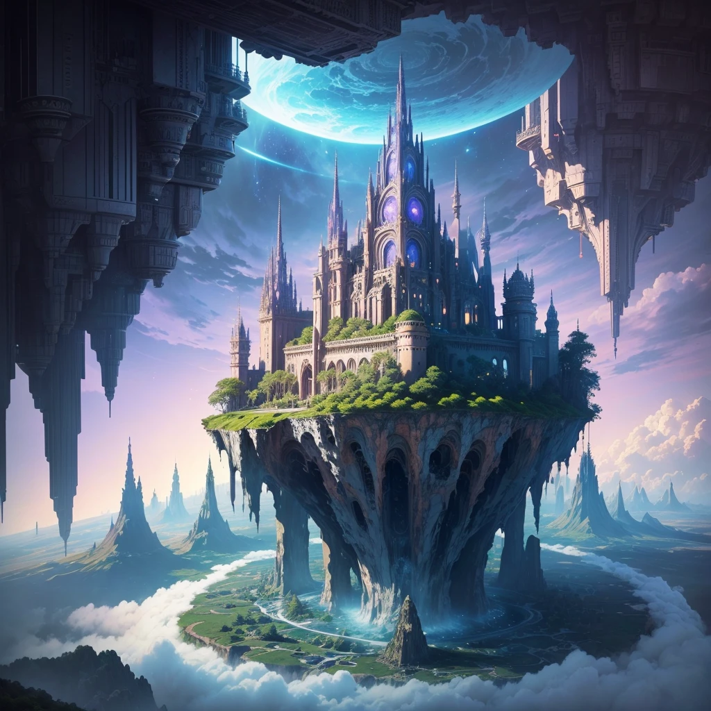 A huge fantastical sci-fi city, aether city, Fantasy,Super huge,Beyond All,Another World Adventure,Great Heaven,floating aerial metropolis,Skyscrapers、universe,new world,new dimension,Super huge建造物,Super hugeな滝,mysterious,Fantasy, towering skyscrapers, massive waterfall, celestial planets in the sky, surrounded by clouds, cosmic architecture, violet energy scars around, central massive castle, astral sky