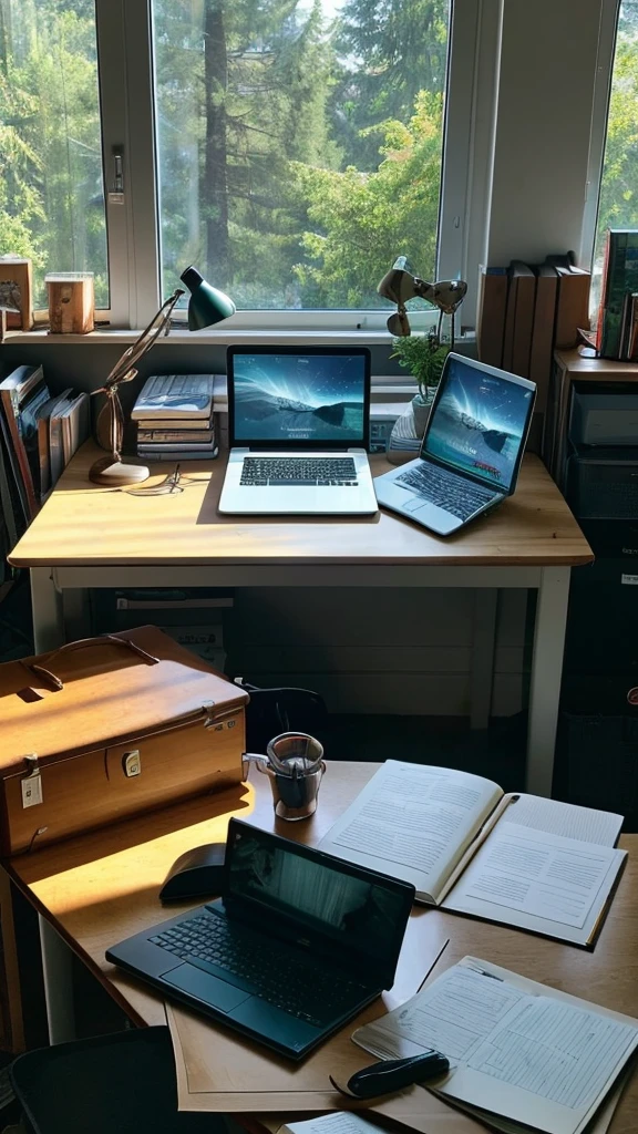 there is a laptop computer sitting on a desk with a lot of papers, a picture by Caro Niederer, unsplash, happening, on a desk, studyng in bedroom, next to a big window, tucked out of view magic happens, studying, studying in a brightly lit room, home office, organized composition!, trees in the background, full subject in view