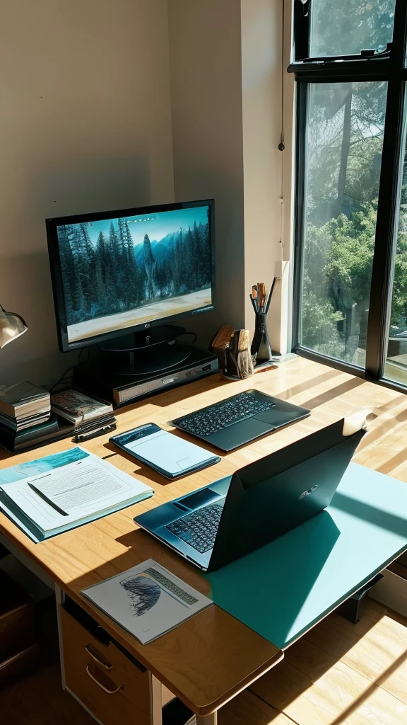 there is a laptop computer sitting on a desk with a lot of papers, a picture by Caro Niederer, unsplash, happening, on a desk, studyng in bedroom, next to a big window, tucked out of view magic happens, studying, studying in a brightly lit room, home office, organized composition!, trees in the background, full subject in view