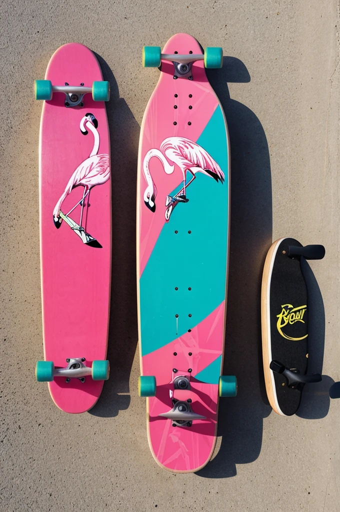 A skateboard decorated alluding to a flamingo 