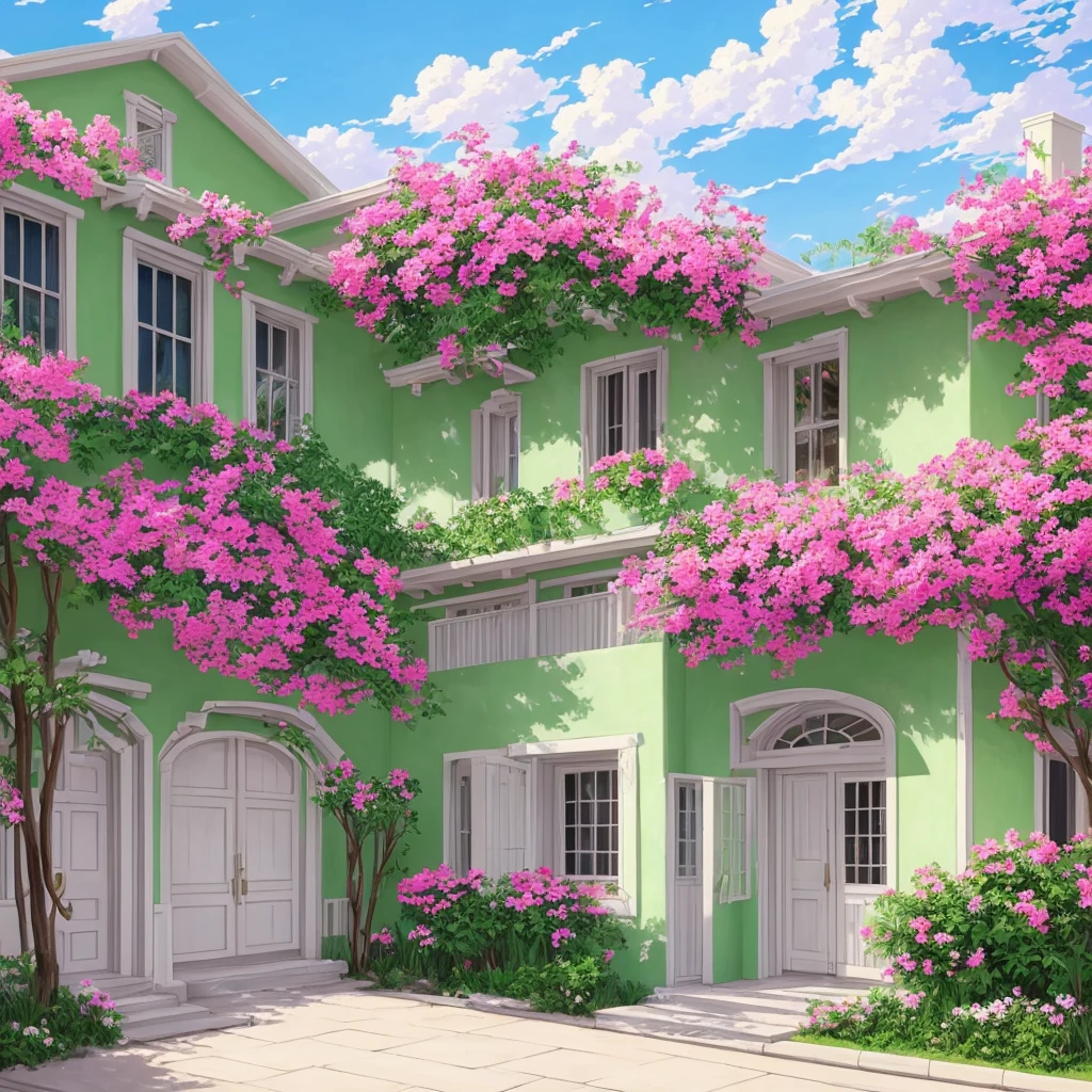 Painting of the exterior of a three-story small western-style building, white walls, light green doors and windows, pink rose flowers, flower vines, anime background art, relaxation concept art, anime landscape concept art, very detailed scenes, beautiful artwork illustrations, highly detailed scenes, environmental design illustrations, beautiful anime scenes, anime scenery, detailed soft painting, environmental painting, bright color scheme, 3D wind  