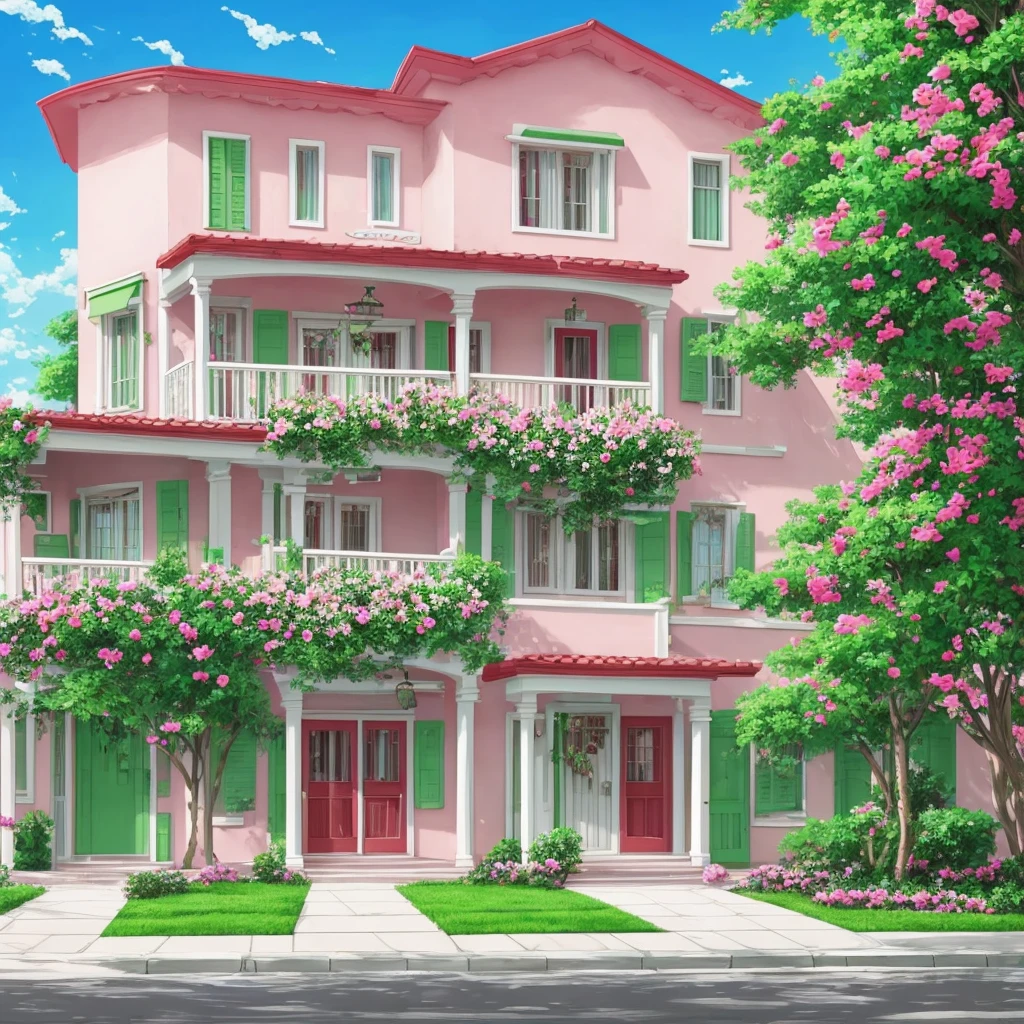 Painting of the exterior of a three-story small western-style building, white walls, light green doors and windows, pink rose flowers, flower vines, anime background art, relaxation concept art, anime landscape concept art, very detailed scenes, beautiful artwork illustrations, highly detailed scenes, environmental design illustrations, beautiful anime scenes, anime scenery, detailed soft painting, environmental painting, bright color scheme, 3D wind
