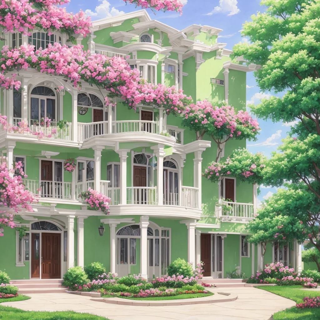 Painting of the exterior of a three-story small western-style building, white walls, light green doors and windows, pink rose flowers, flower vines, anime background art, relaxation concept art, anime landscape concept art, very detailed scenes, beautiful artwork illustrations, highly detailed scenes, environmental design illustrations, beautiful anime scenes, anime scenery, detailed soft painting, environmental painting, bright color scheme, 3D wind  