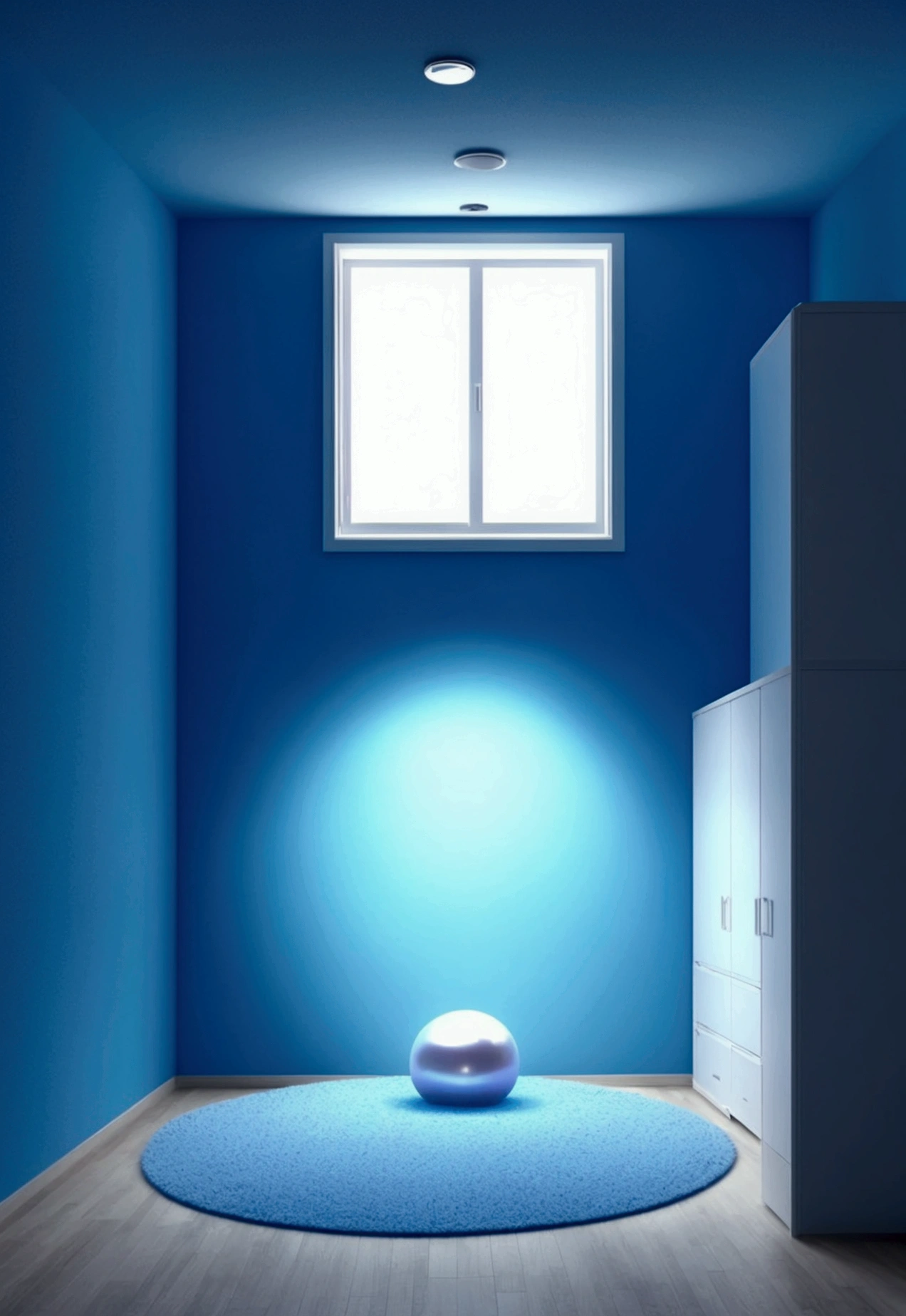 Empty blue and white room,A huge white pearl is in the middle of the room.,Head-up