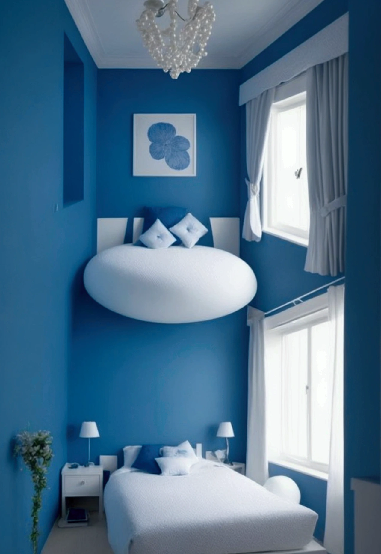 Empty blue and white room，A huge white pearl is in the middle of the room.，Head-up