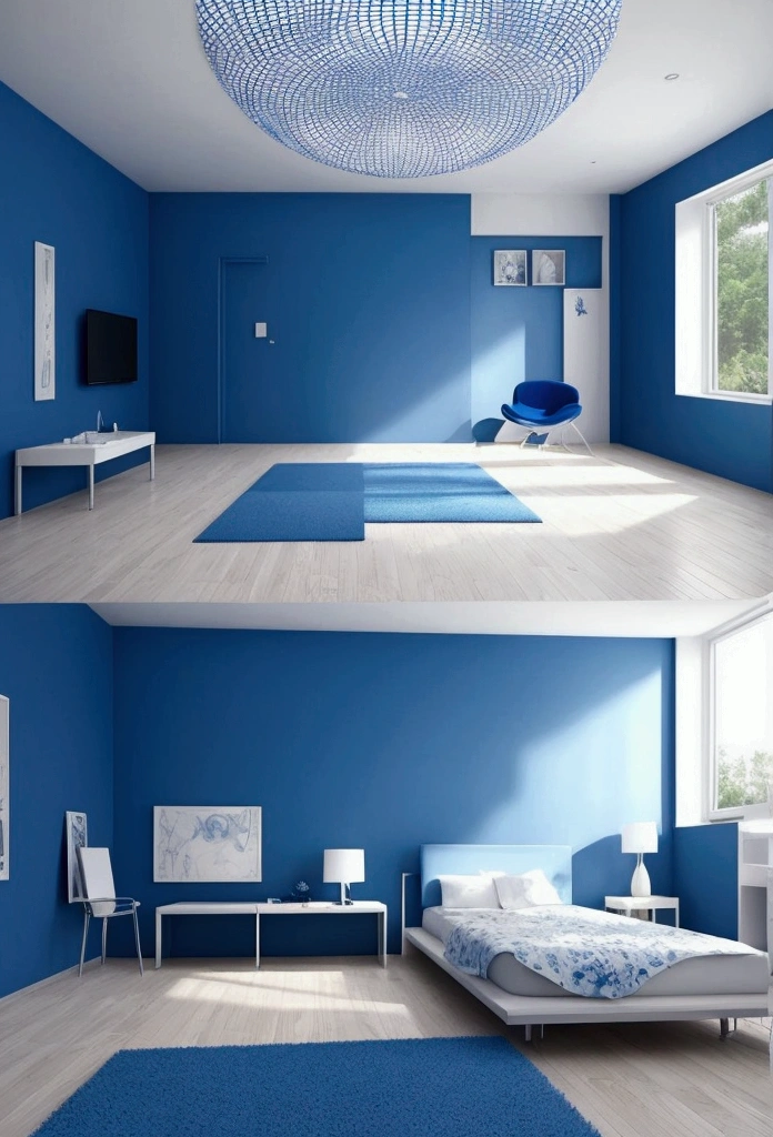 Empty blue and white room，A huge white pearl is in the middle of the room.，Head-up