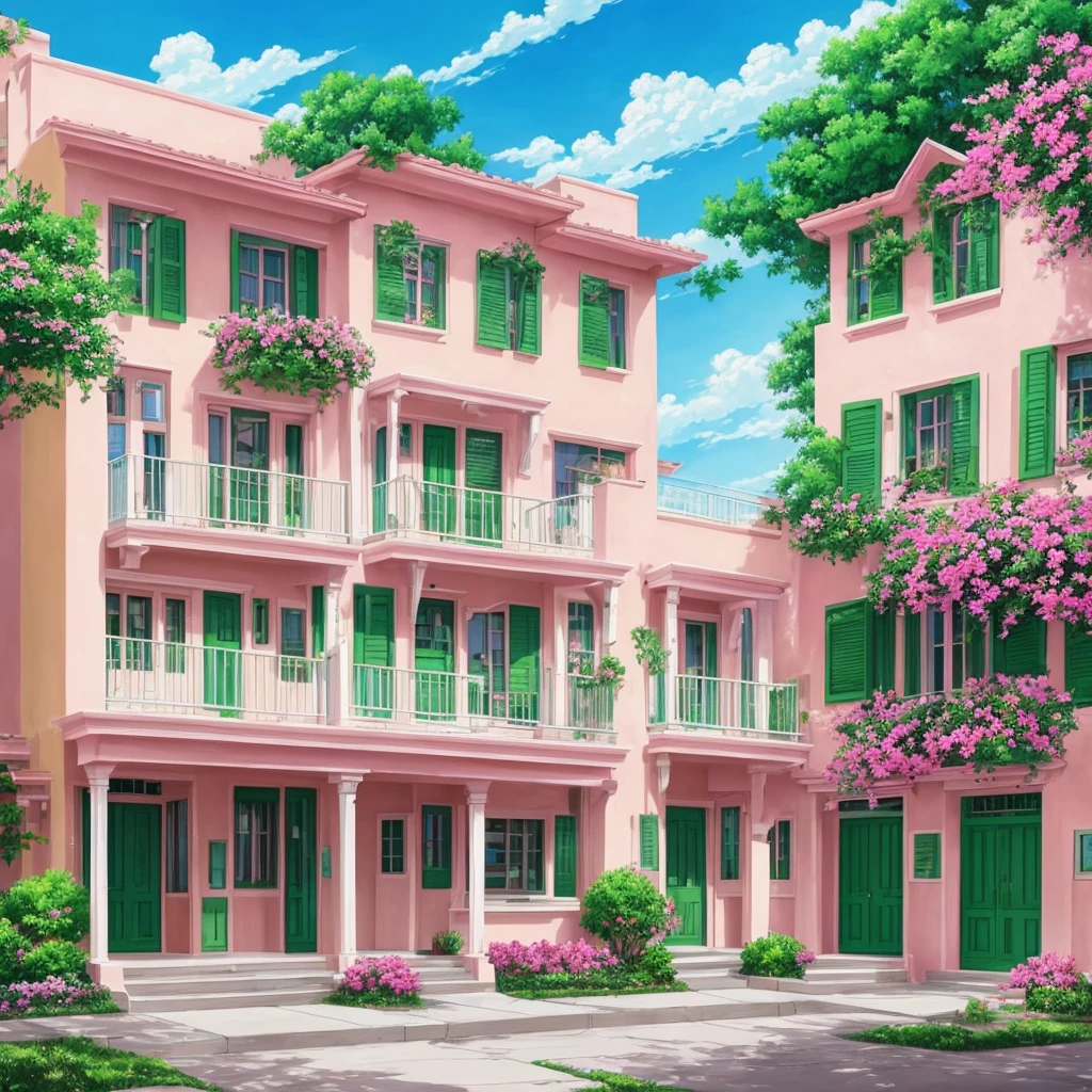 Painting of the exterior of a three-story small western-style building, white walls, light green doors and windows, pink rose flowers, flower vines, anime background art, relaxation concept art, anime landscape concept art, very detailed scenes, beautiful artwork illustrations, highly detailed scenes, environmental design illustrations, beautiful anime scenes, anime scenery, detailed soft painting, environmental painting, bright color scheme, 3D wind  