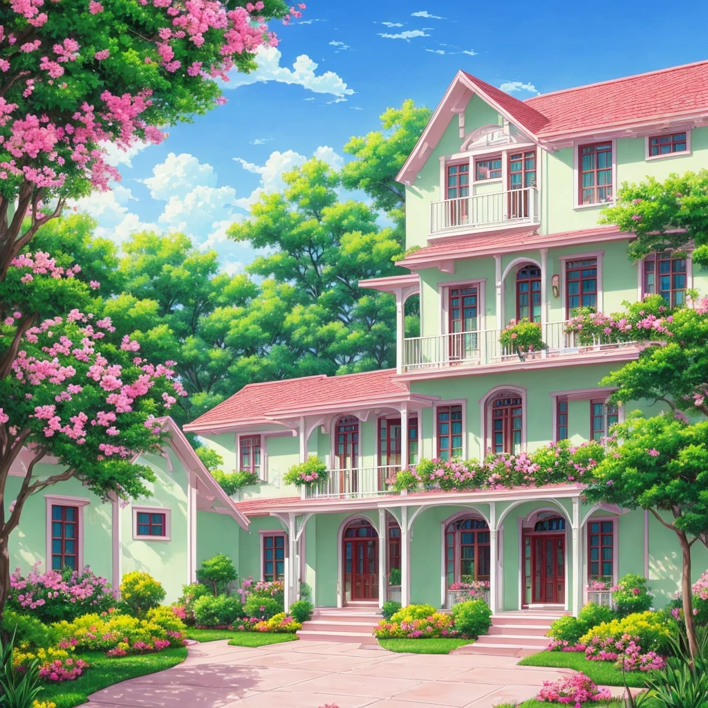 Painting of the exterior of a three-story small western-style building, white walls, light green doors and windows, pink rose flowers, flower vines, anime background art, relaxation concept art, anime landscape concept art, very detailed scenes, beautiful artwork illustrations, highly detailed scenes, environmental design illustrations, beautiful anime scenes, anime scenery, detailed soft painting, environmental painting, bright color scheme, 3D wind  