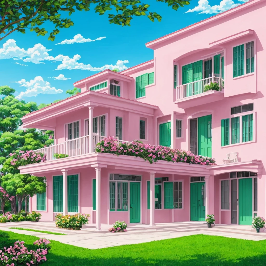 Painting of the exterior of a three-story small western-style building, white walls, light green doors and windows, pink rose flowers, flower vines, anime background art, relaxation concept art, anime landscape concept art, very detailed scenes, beautiful artwork illustrations, highly detailed scenes, environmental design illustrations, beautiful anime scenes, anime scenery, detailed soft painting, environmental painting, bright color scheme, 3D wind