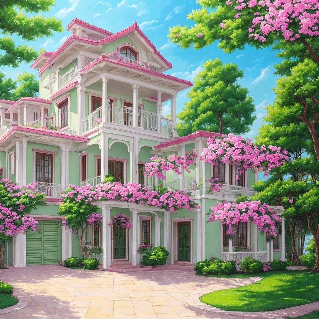 Painting of the exterior of a three-story small western-style building, white walls, light green doors and windows, pink rose flowers, flower vines, anime background art, relaxation concept art, anime landscape concept art, very detailed scenes, beautiful artwork illustrations, highly detailed scenes, environmental design illustrations, beautiful anime scenes, anime scenery, detailed soft painting, environmental painting, bright color scheme, 3D wind