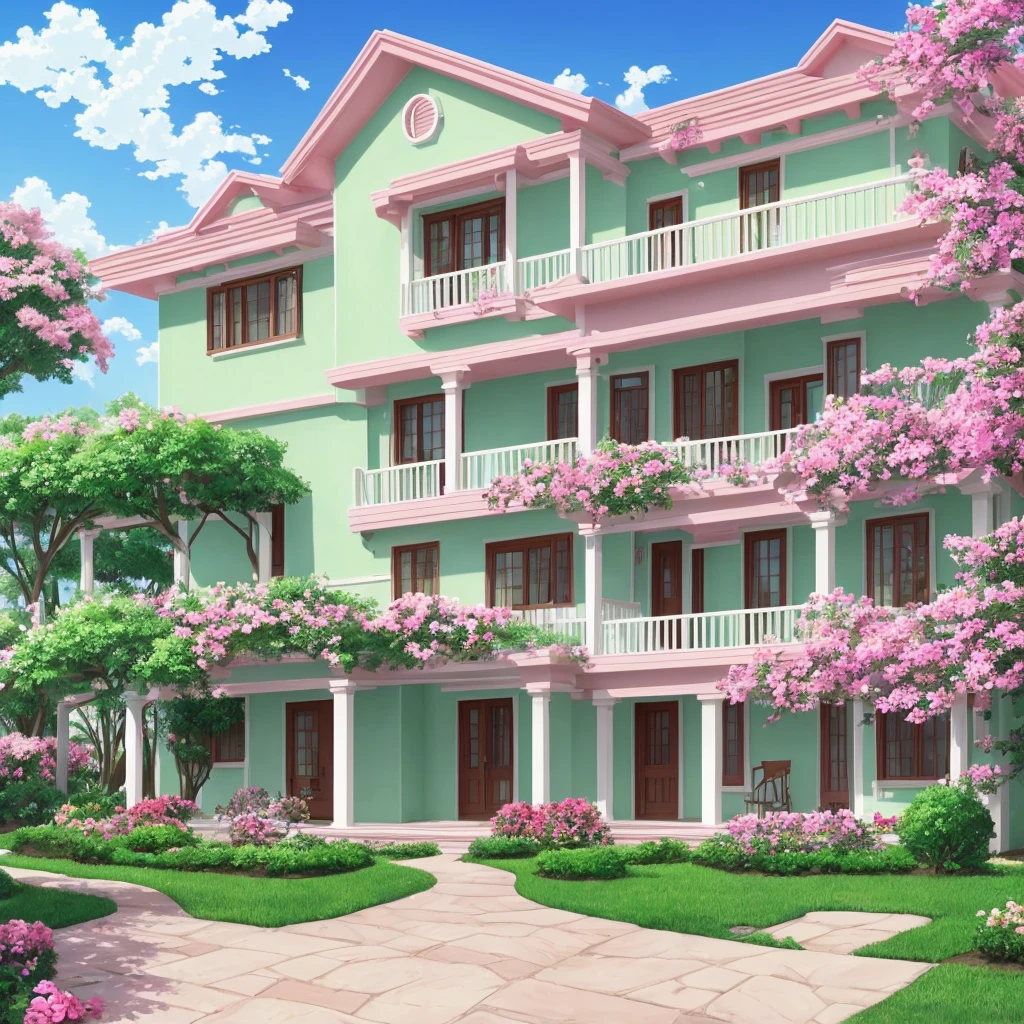 Painting of the exterior of a three-story small western-style building, white walls, light green doors and windows, pink rose flowers, flower vines, anime background art, relaxation concept art, anime landscape concept art, very detailed scenes, beautiful artwork illustrations, highly detailed scenes, environmental design illustrations, beautiful anime scenes, anime scenery, detailed soft painting, environmental painting, bright color scheme, 3D wind  