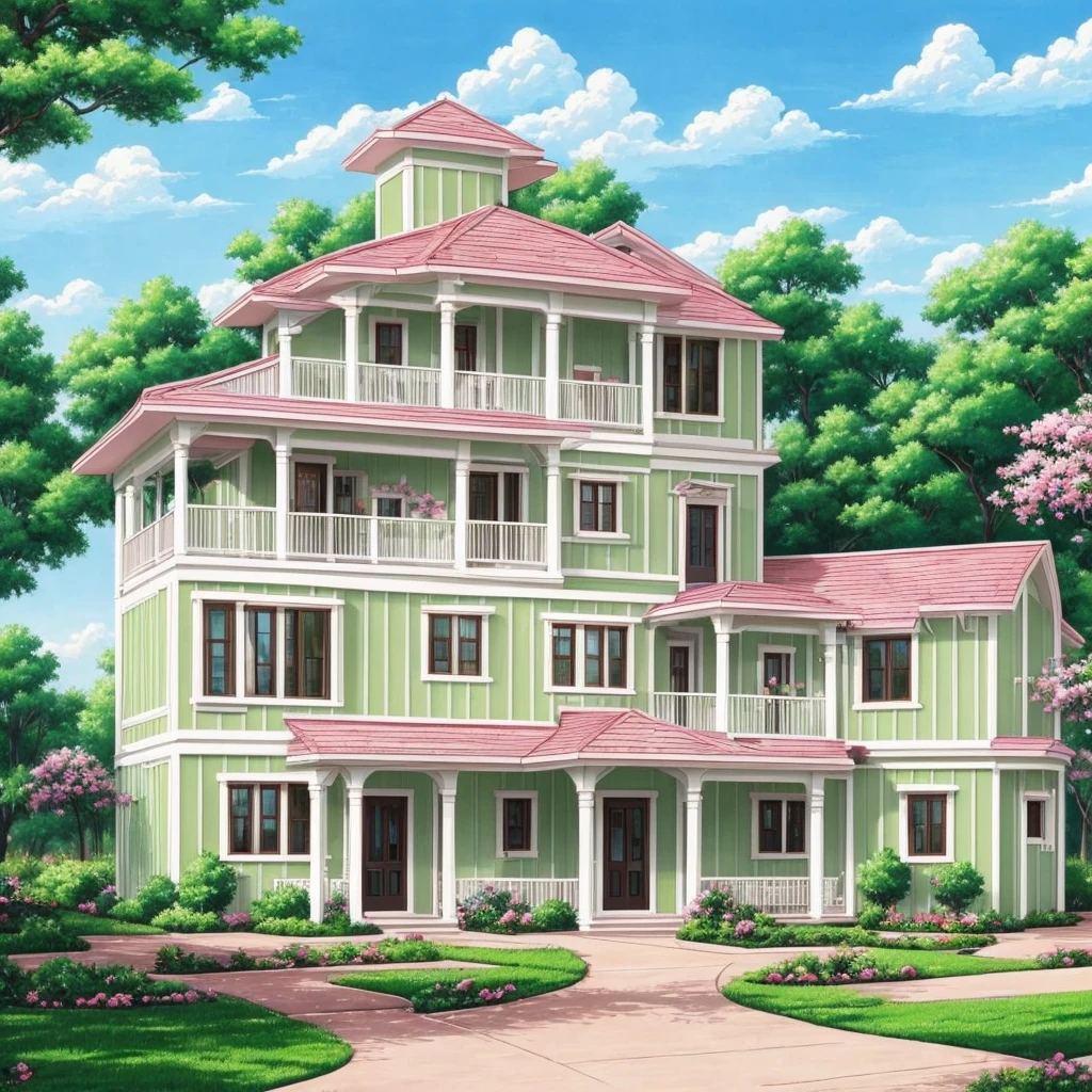 Painting of the exterior of a three-story small western-style building, white walls, light green doors and windows, pink rose flowers, flower vines, anime background art, relaxation concept art, anime landscape concept art, very detailed scenes, beautiful artwork illustrations, highly detailed scenes, environmental design illustrations, beautiful anime scenes, anime scenery, detailed soft painting, environmental painting, bright color scheme, 3D wind