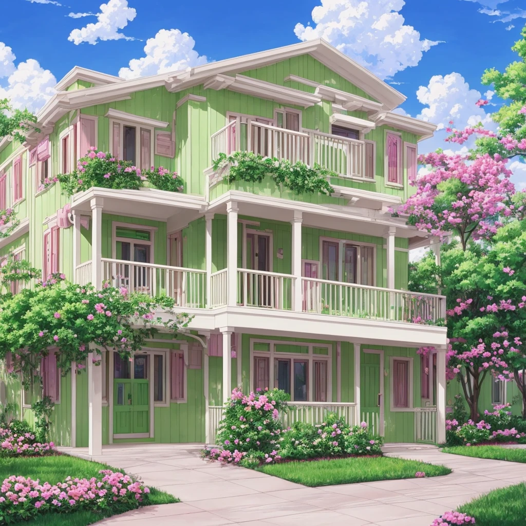 Painting of the exterior of a three-story small western-style building, white walls, light green doors and windows, pink rose flowers, flower vines, anime background art, relaxation concept art, anime landscape concept art, very detailed scenes, beautiful artwork illustrations, highly detailed scenes, environmental design illustrations, beautiful anime scenes, anime scenery, detailed soft painting, environmental painting, bright color scheme, 3D wind  