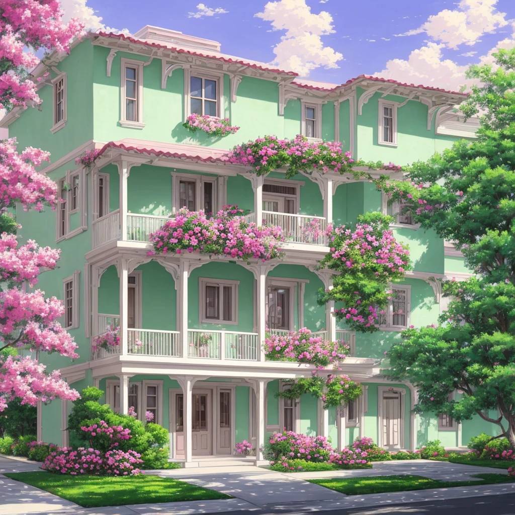 Painting of the exterior of a three-story small western-style building, white walls, light green doors and windows, pink rose flowers, flower vines, anime background art, relaxation concept art, anime landscape concept art, very detailed scenes, beautiful artwork illustrations, highly detailed scenes, environmental design illustrations, beautiful anime scenes, anime scenery, detailed soft painting, environmental painting, bright color scheme, 3D wind