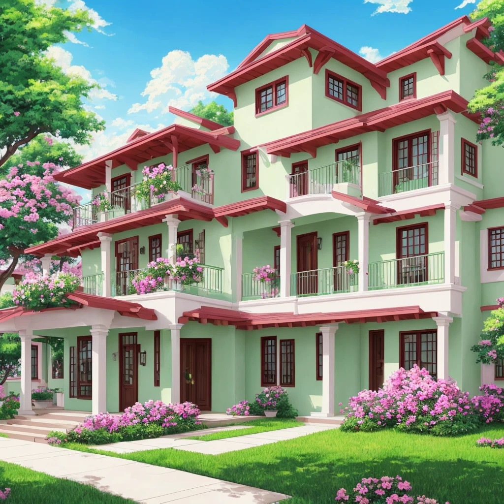 Painting of the exterior of a three-story small western-style building, white walls, light green doors and windows, pink rose flowers, flower vines, anime background art, relaxation concept art, anime landscape concept art, very detailed scenes, beautiful artwork illustrations, highly detailed scenes, environmental design illustrations, beautiful anime scenes, anime scenery, detailed soft painting, environmental painting, bright color scheme, 3D wind