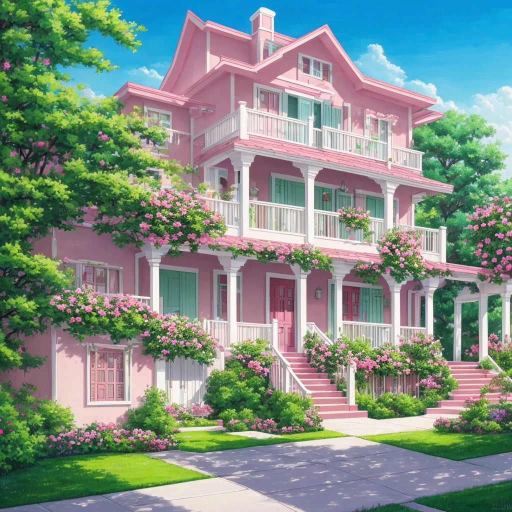 Painting of the exterior of a three-story small western-style building, white walls, light green doors and windows, pink rose flowers, flower vines, anime background art, relaxation concept art, anime landscape concept art, very detailed scenes, beautiful artwork illustrations, highly detailed scenes, environmental design illustrations, beautiful anime scenes, anime scenery, detailed soft painting, environmental painting, bright color scheme, 3D wind  