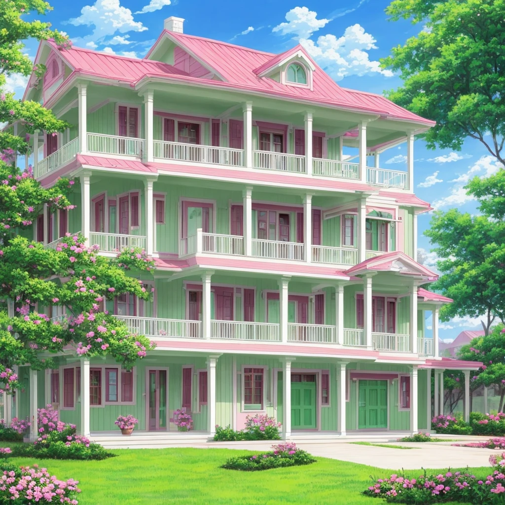 Painting of the exterior of a three-story small western-style building, white walls, light green doors and windows, pink rose flowers, flower vines, anime background art, relaxation concept art, anime landscape concept art, very detailed scenes, beautiful artwork illustrations, highly detailed scenes, environmental design illustrations, beautiful anime scenes, anime scenery, detailed soft painting, environmental painting, bright color scheme, 3D wind  