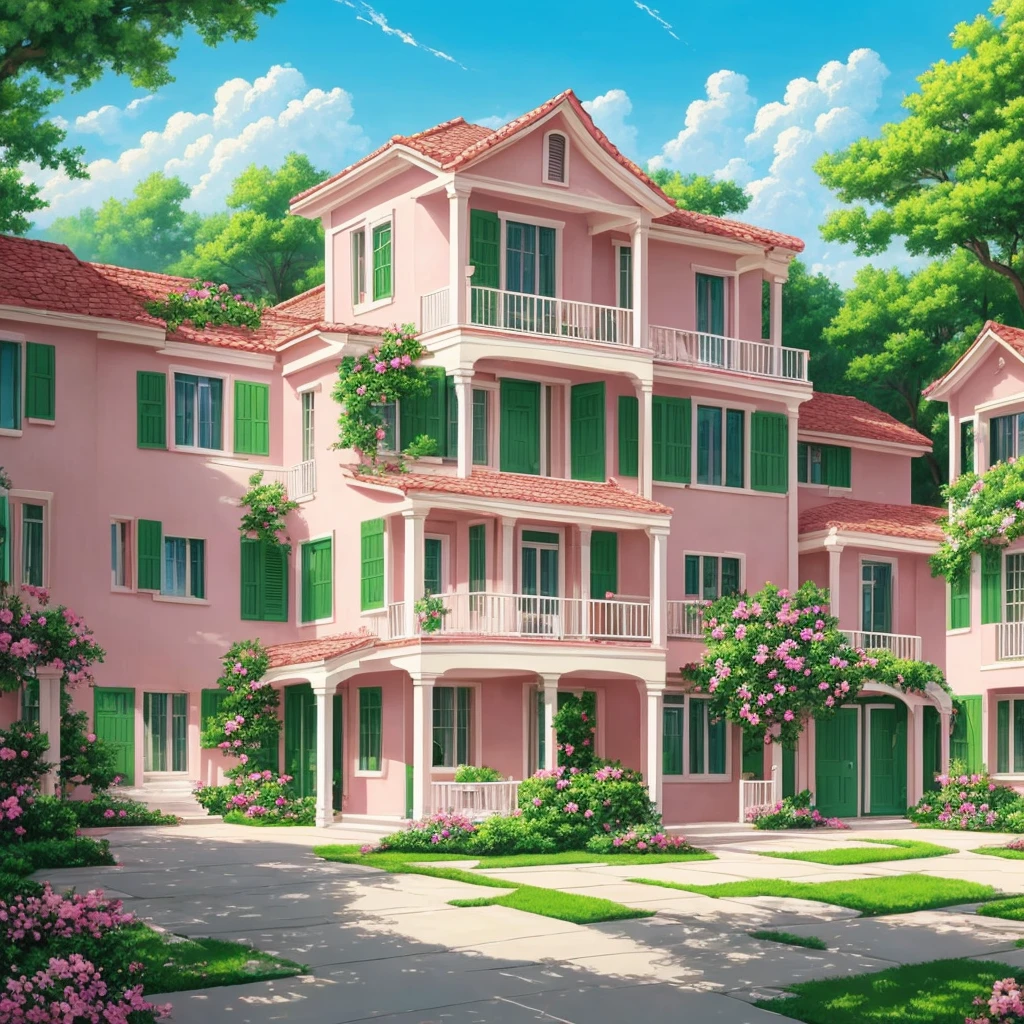 Painting of the exterior of a three-story small western-style building, white walls, light green doors and windows, pink rose flowers, flower vines, anime background art, relaxation concept art, anime landscape concept art, very detailed scenes, beautiful artwork illustrations, highly detailed scenes, environmental design illustrations, beautiful anime scenes, anime scenery, detailed soft painting, environmental painting, bright color scheme, 3D wind
