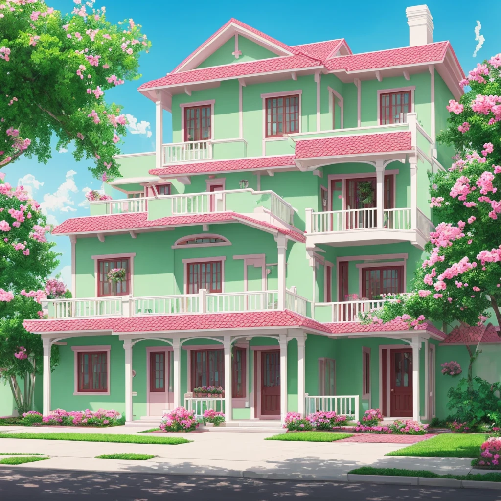 Painting of the exterior of a three-story small western-style building, white walls, light green doors and windows, pink rose flowers, flower vines, anime background art, relaxation concept art, anime landscape concept art, very detailed scenes, beautiful artwork illustrations, highly detailed scenes, environmental design illustrations, beautiful anime scenes, anime scenery, detailed soft painting, environmental painting, bright color scheme, 3D wind