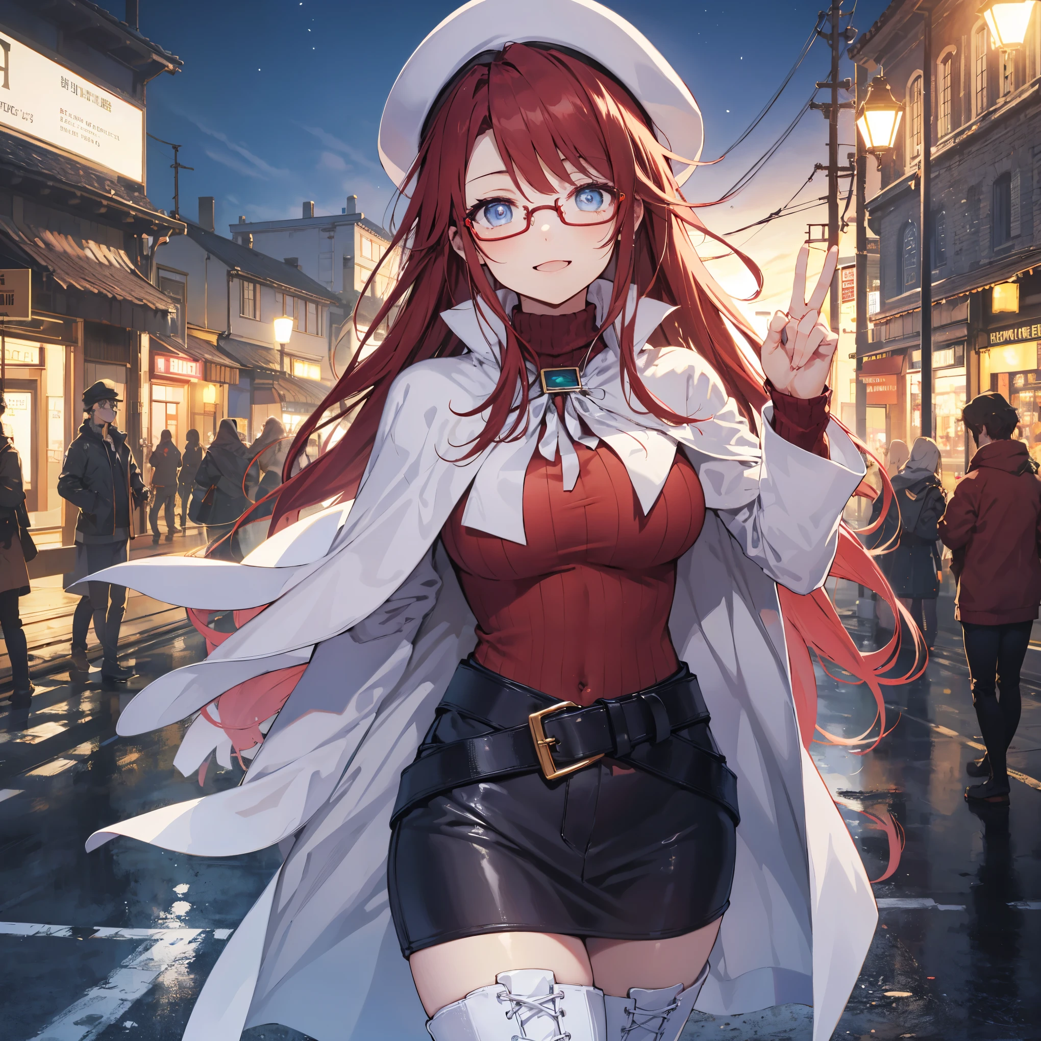 summonnightaty, aty, (young:1.3),long hair, blue eyes, red hair, big_, hat, glasses,
BREAK long hair, thighhighs, hat, dress, nakes, glasses, belt, cape, sweater, zettai ryouiki, beret, thigh boots, white footwear, ribbed sweater, loose belt,solo,
BREAK outdoors, fantasy,
,Highquality_hads,perfect_fingers,
BREAK (masterpiece:1.2), best quality, high resolution, unity 8k wallpaper, (illustration:0.8), (beautiful detailed eyes:1.6), extremely detailed face, perfect lighting, extremely detailed CG, (perfect hands, perfect anatomy),covered_nipples,cnavel ,half_eyes,long_sword,sleepy_eyes,red_sweater,apart_knees,magical_effect,spread_legs, have_a_book,teacher,rise_knee,Smile,rise_hand,look_down_viewer,spread_arms,,looking_into,plump,open_mouth, dynamic_posing,solo,in_European_style_town_landscape,night_sky,solo
