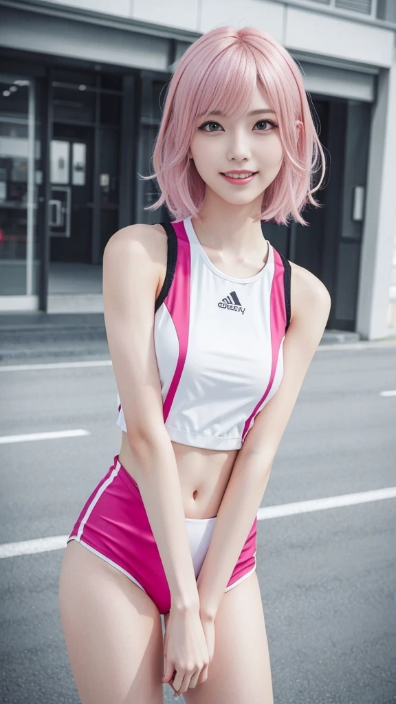 A woman with pink hair and a race queen outfit, Anime realism style, Unreal 5. RPG Portrait, cgsociety portrait, Realistic art style, Smooth anime CG art, Photorealistic Anime Girl Rendering, Realistic anime 3D style, Loss Draw 1. 0, Realistic 3D animation, ArtJam ; 3d unreal engine, Realistic anime art style，The background is suburban，The best smile、Please pose here