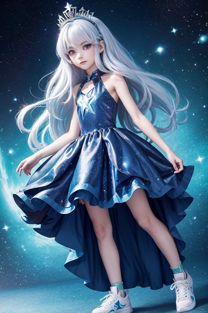 The character has long, silver hair, bright blue-green eyes, He is of medium height and has a slender build. She wears a colorful dress with star prints, comfortable sneakers and a sparkly tiara.
