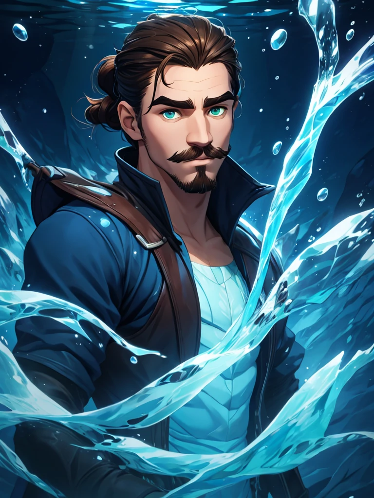 Dark blues colors. In the deep sea frozen waters, a boy is underwater. It is very dark, there is almost no light. He has brown hair held in a manbun, a short mustache and goatee, and green eyes. He has a very hooked nose and kind eyebrows. His face is gentle with angular bone structure, he looks relaxed. he wears fur and leather clothe. He wields water and ice magic around him.