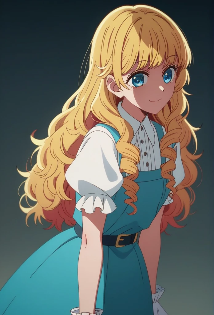 oshi_no_ko_style,blonde curls,sidecurls,fluffy fringe bangs,blue eyes,long eyelashes,cowboyshot,standing,,soft smile,long hair,masterpiece,highres,absurdres,white puffy short sleeves,collared dress,suspender dress,solo,frilled cuffs,frilled blouse,,teen,(light blue pinafore dress),frilled wristgloves,frilled sweatheart neckline,