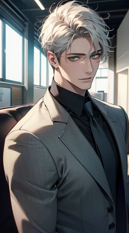 (Highest quality,4K,8K,High resolution,masterpiece:1.2),Super detailed,(Realistic,photoRealistic,photo-Realistic:1.37),1 person,34 years old,Mature Men,Beautiful skin、very handsome,Expressionless smile in love,Short white hair,green eyes,Sharp Eyes,A perfect face without a doubt,Businessman, CEO, Office Background,Cinema Lighting,HDR image,tie、